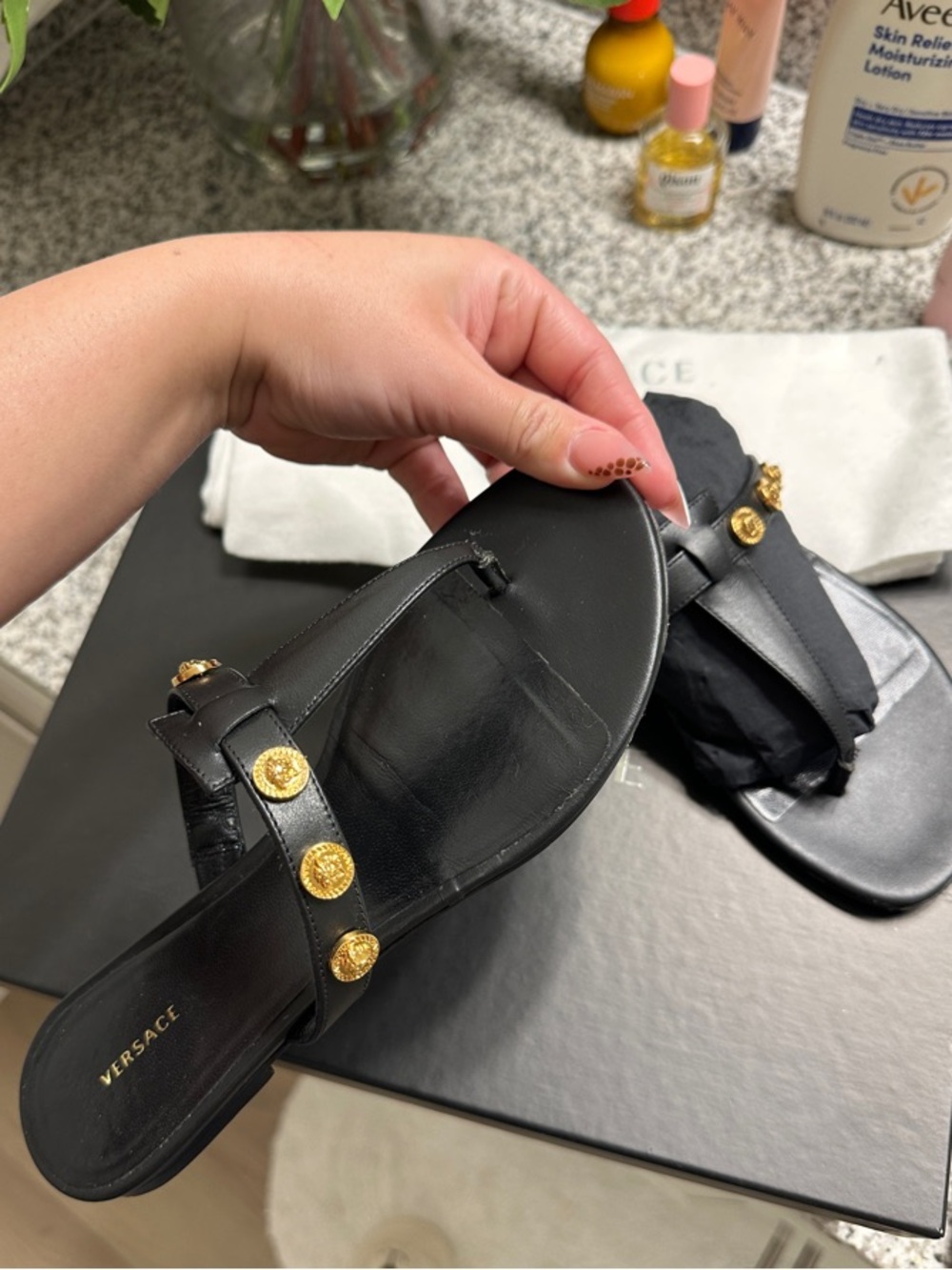 Versace Black Leather Slide Sandals with Gold Medallion Accents